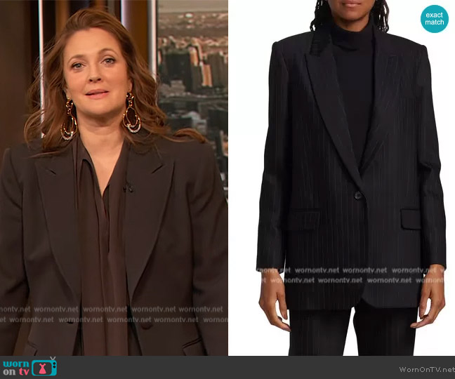 Nili Lotan Diane Single-Breasted Pinstriped Blazer worn by Drew Barrymore on The Drew Barrymore Show