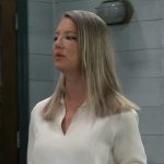 Nina’s white split neck blouse on General Hospital