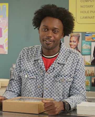 Noah’s denim checkerboard jacket on Grand Crew