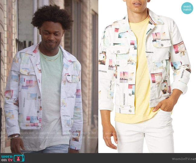 Guess Collage Print Denim Jacket worn by Noah Koles (Echo Kellum) on Grand Crew