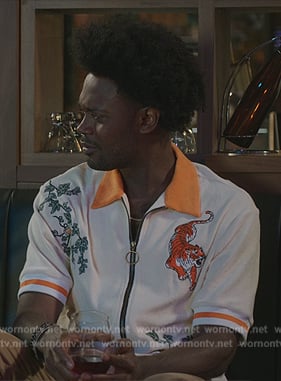 Noah’s white tiger patch shirt on Grand Crew