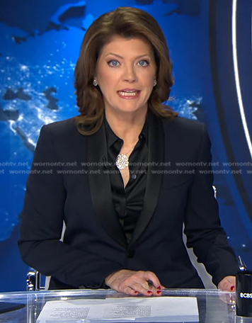 Nora’s navy contrast shawl collar blazer on CBS Evening News
