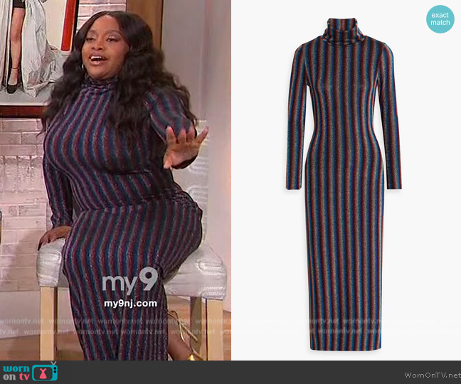 Olivia Rubin Fliss metallic striped stretch-knit turtleneck midi dress worn by Sherri Shepherd on Sherri