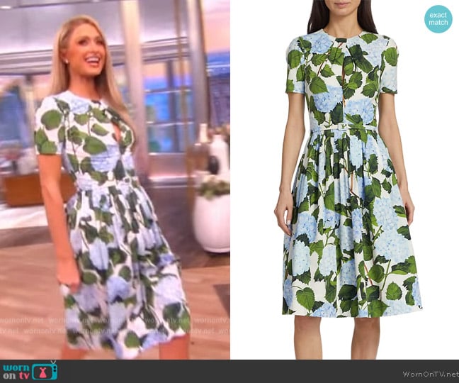 Oscar de La Renta Hydrangea Belted Stretch Poplin Dress worn by Paris Hilton on The View