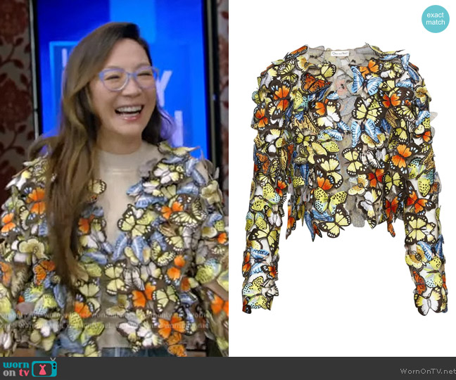 Oscar de la Renta Butterfly-appliqué cropped jacket worn by Michelle Yeoh on Live with Kelly and Mark
