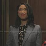Paisley’s black dog print blouse and blue striped blazer on Sex/Life