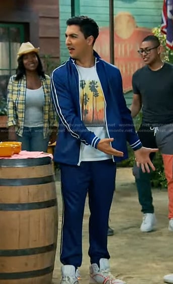Parker’s blue printed track jacket and pants on Bunkd