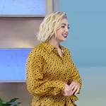 Peyton List’s yellow printed tie waist dress on Tamron Hall Show