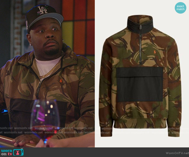 Ralph Lauren Icon logo camo print hybrid half zip sweatshirt worn by Sherm Jones (Carl Tart) on Grand Crew