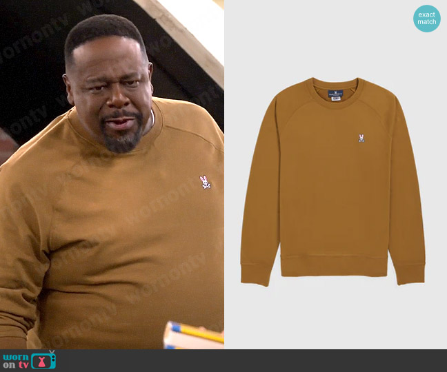 Psycho Bunny French Terry Raglan Sweatshirt in Cumin worn by Calvin (Cedric The Entertainer) on The Neighborhood