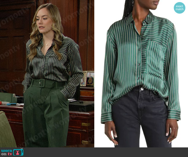 Rails Spencer Shirt in Forest Stripe worn by Hope Logan (Annika Noelle) on The Bold and the Beautiful