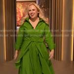 Rebel Wilson’s green tie waist dress on The Drew Barrymore Show