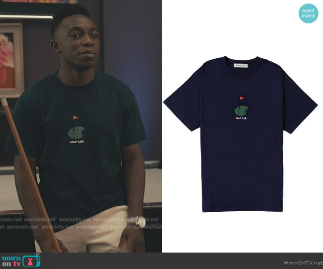 Recreational Habits Bogey Short Sleeve Tee with Flag in Navy worn by Carlton Banks (Olly Sholotan) on Bel-Air
