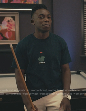 Carlton’s navy Golf Club print tee on Bel-Air