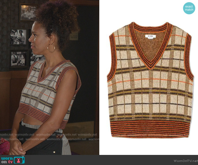 Re/Done 60s plaid-check wool-blend vest worn by Fay (Grasie Mercedes) on Grand Crew