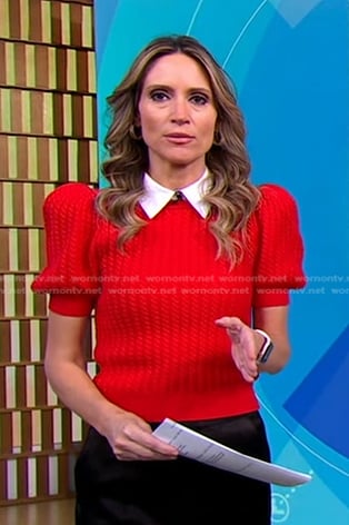 Rhiannon’s red cable knit puff sleeve sweater on Good Morning America