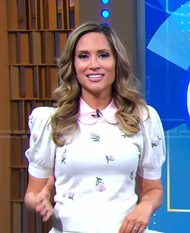 Rhiannon’s white floral puff sleeve top and pants on Good Morning America