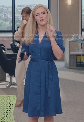 Sadie’s blue button down dress on American Auto