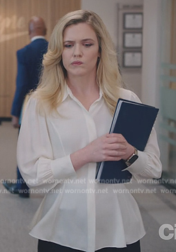 Sadie’s white peplum blouse on American Auto