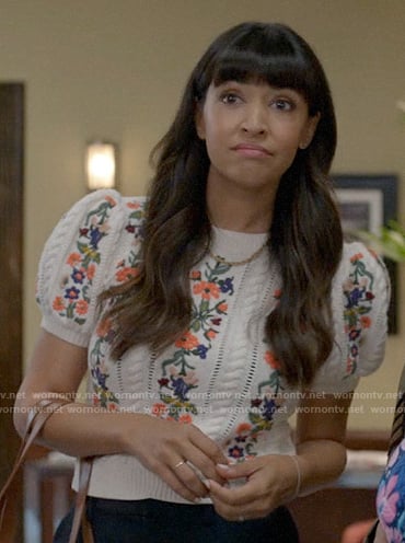 Sam’s floral puff sleeve sweater on Not Dead Yet