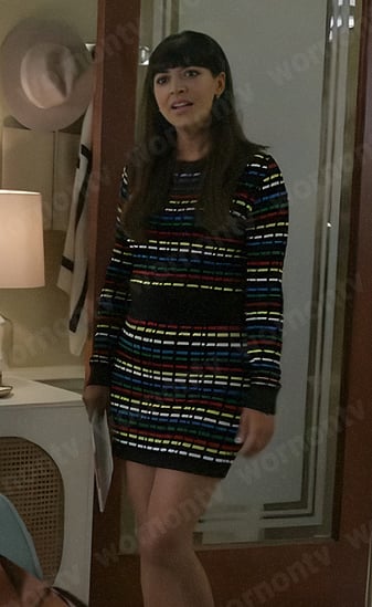 Sam’s rainbow striped sweater and skirt on Not Dead Yet
