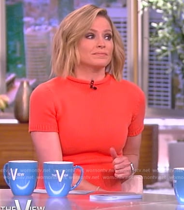 Sara’s orange ribbed sheath dress on The View