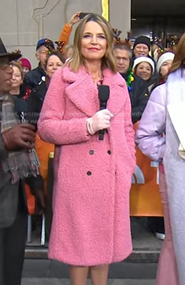 Savannah’s pink double breasted teddy coat on Today