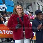 Savannah’s red fur jacket and white cropped pants on Today