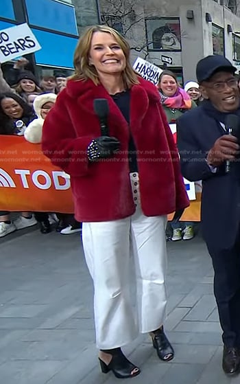 Savannah’s red fur jacket and white cropped pants on Today