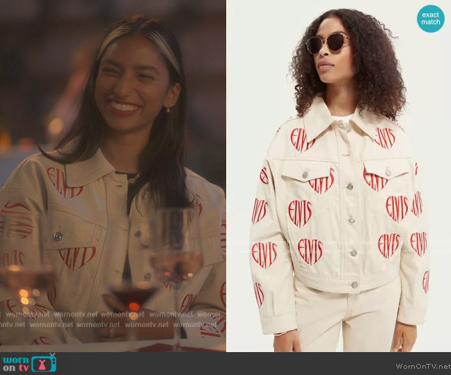 Scotch & Soda Elvis Embroidered Trucker Jacket worn by Zaara (Tara Raani) on Grown-ish