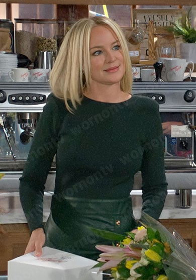 Sharon’s green top and leather skirt on The Young and the Restless