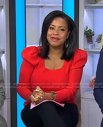 Sheinelle’s red puff sleeve square neck sweater on Today