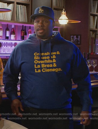 Sherm’s blue Crenshaw print hoodie on Grand Crew