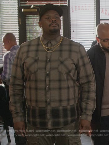 Sherm’s gray plaid shirt on Grand Crew