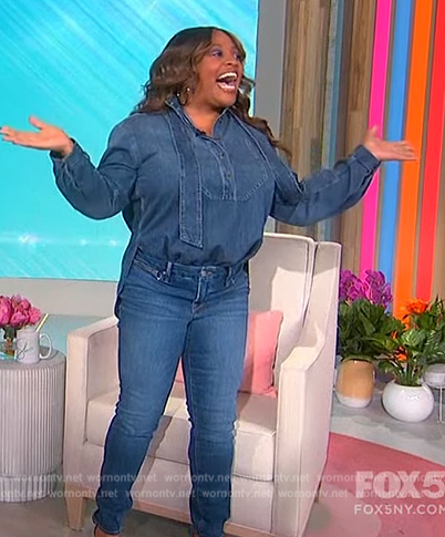 Sherri’s denim tie neck blouse on Sherri