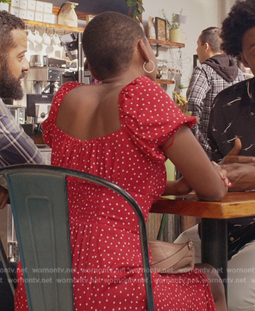 Simone’s red polka dot print dress on Grand Crew