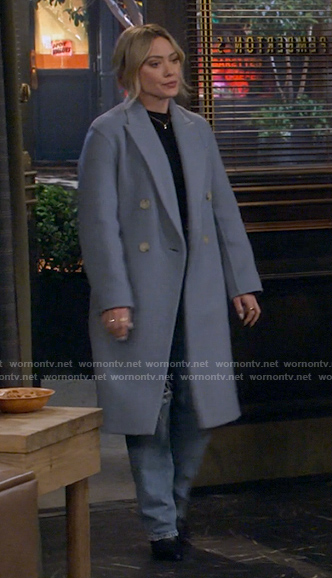 Sophie’s blue oversized coat on How I Met Your Father