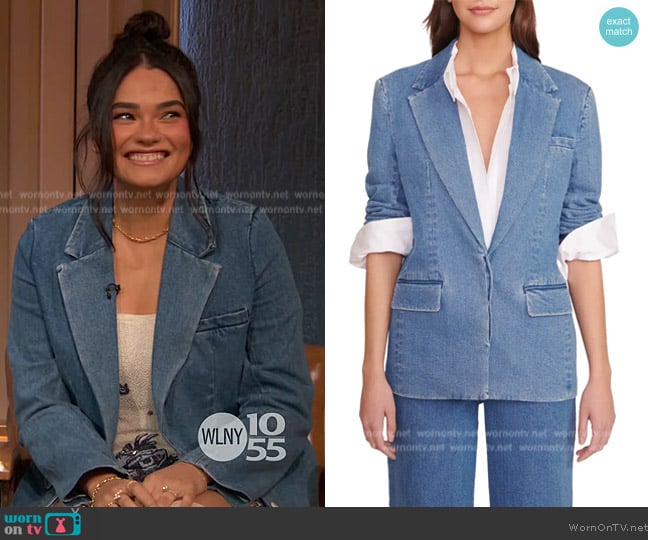 Staud Maxwell Denim Blazer worn by Brittany O'Grady on The Drew Barrymore Show