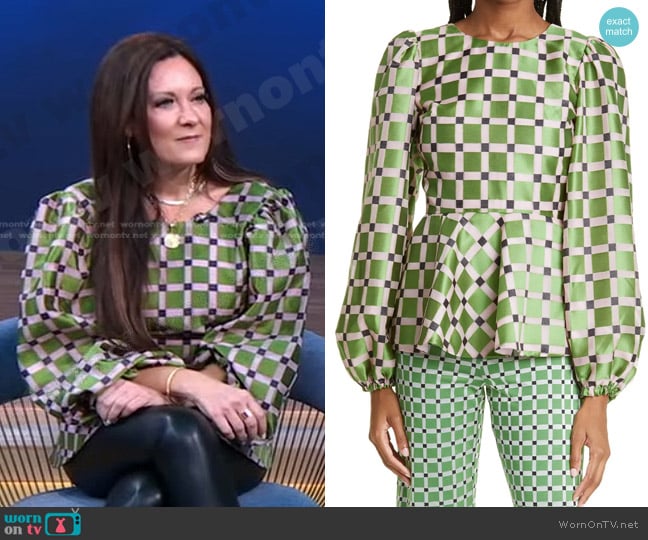 Stine Goya Gara Metallic Check Balloon Sleeve Peplum Top worn by Lysa TerKeurst on Good Morning America