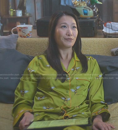 Sumi’s green bee print pajamas on Good Trouble