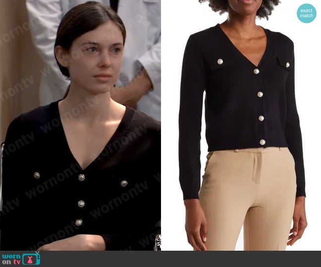 T Tahari Cardigan with Faux Pearl Buttons worn by Willow Tait (Katelyn MacMullen) on General Hospital