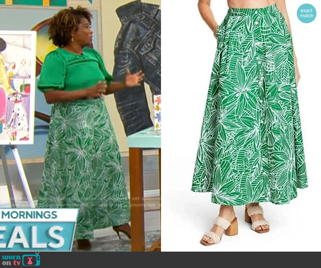 Target x Tabitha Brown Maxi Skirt in Green Linear Leaf worn by Gayle Bass on CBS Mornings