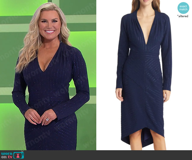Tadash Shoji Sequin Stud Plunge Neck Long Sleeve Midi Dress worn by Rachel Reynolds on The Price is Right