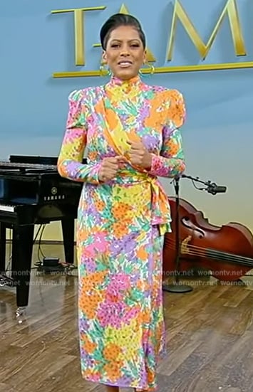 Tamron’s multicolored floral print dress on Tamron Hall Show