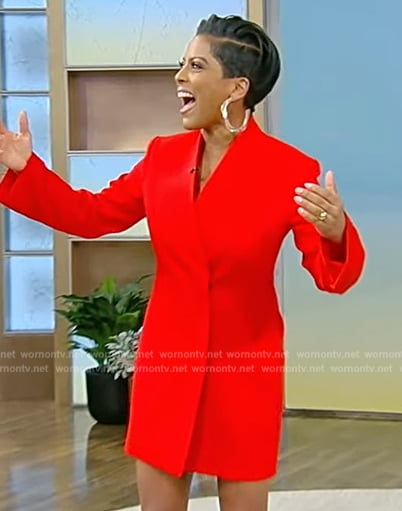 Tamron’s red long blazer on Tamron Hall Show