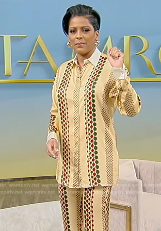 Tamron’s beige embroidered shirt and pants on Tamron Hall Show