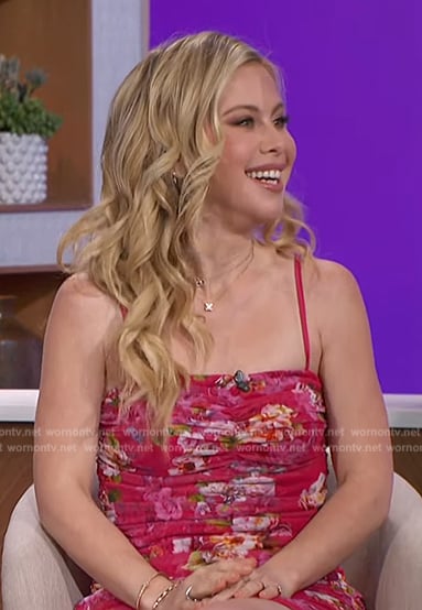 Tara Lipinski’s red floral ruched mini dress on The Talk