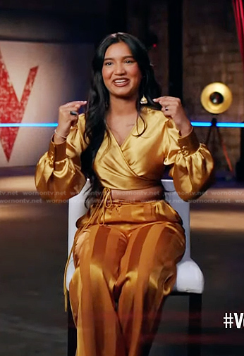 Tasha Jessen’s yellow striped satin pants on The Voice
