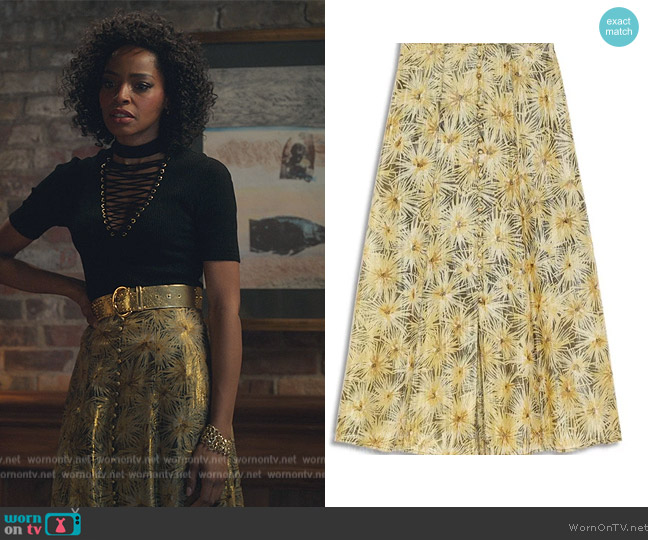 The Kooples Long Flowing Skirt with Golden Motif worn by Sasha Snow (Margaret Odette) on Sex/Life