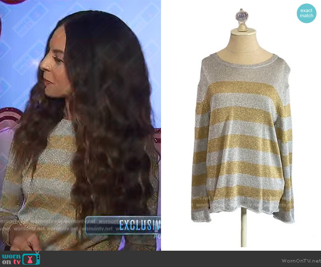 Tory Burch Metallic Gold and Silver Stripe Sweater worn by Terri Seymour on Extra